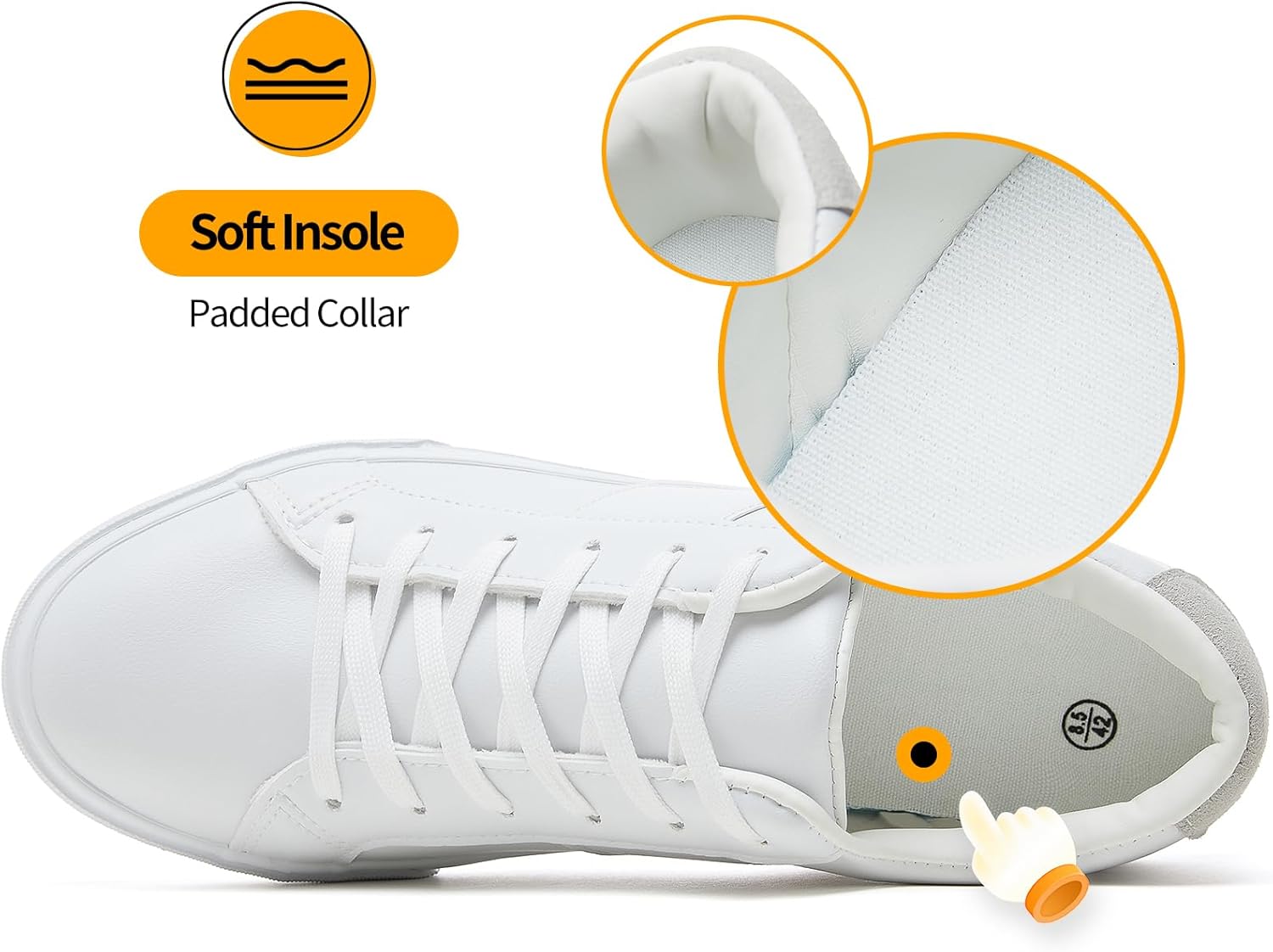 ZGR Men's Synthetic Leather White Sneakers,Low Top White Tennis Shoes,Lace up Casual Shoes