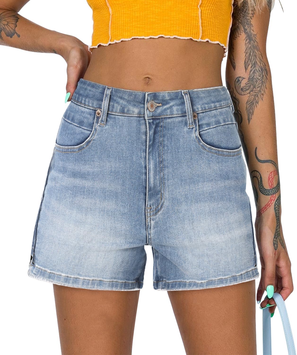 ZOLUCKY Women's Casual Summer Denim Shorts Mid Waisted Stretchy Ripped Jean Shorts with Pockets